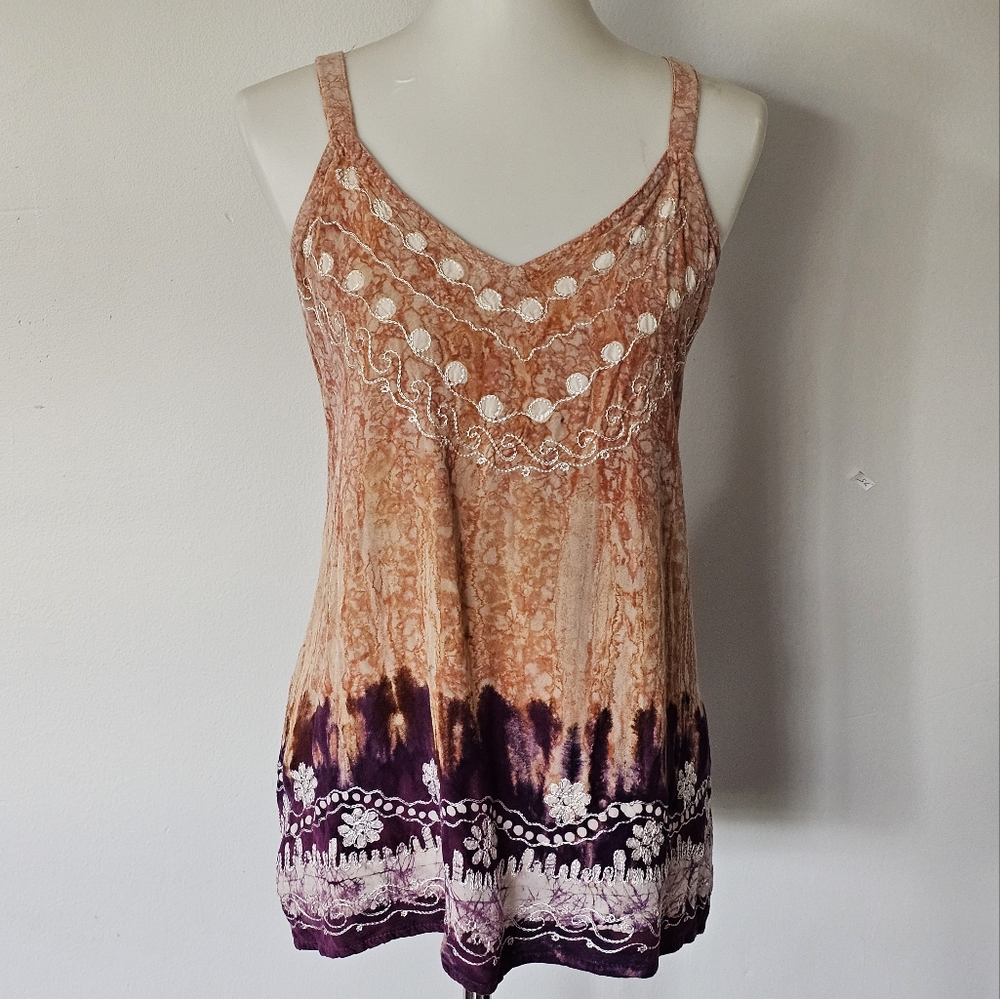 Fashion Terminal Orange & Purple Ethnic Embroidered Tie Dye Tank Free Size